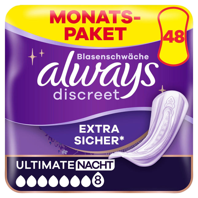 Always Discreet urīna nesaturēšanas ieliktņi, Ultimate Night mēneša iepakojums urīnpūšļa vājuma gadījumā, 48 ieliktņi (4 iepakojumi x 12)