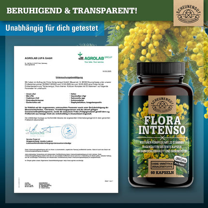 FLORA INTENSO® probiotiķu komplekss 100 miljardi CFU/g - Laboratorijā pārbaudīti 23 baktēriju celmi bez inulīna - Zarnās šķīstošās baktērijas ar laktobacilām + bifidobaktērijām - DE-SCHEUNENGUT®