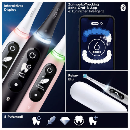 Oral-B iO Series 6 Plus Sensitive Edition elektriskā zobu birste, PLUS 3 birstes galviņas, 5 tīrīšanas režīmi zobu kopšanai, ceļojumu maciņš, Braun dizains, pelēka opāla