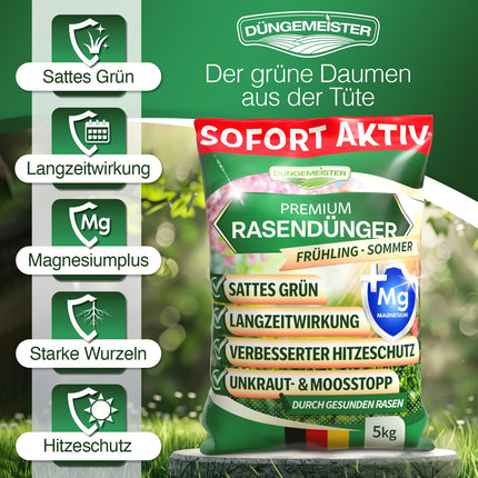 DÜNGEMEISTER zāliena mēslojums jūsu sulīgākajam sapņu zālienam - veselīgs, blīvs un sulīgi zaļš zāliens nekavējoties ar revolucionāru AI formulu - ilgtermiņa NPK/bioloģiskais pavasaris/vasara (5 kg)