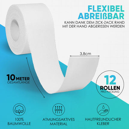 Health Press® sporta lente — 12 lentes ruļļi (3,8 cm x 10 m) — balta sporta lente — noplēšama profesionāla sporta lente — sporta lente visiem sporta veidiem