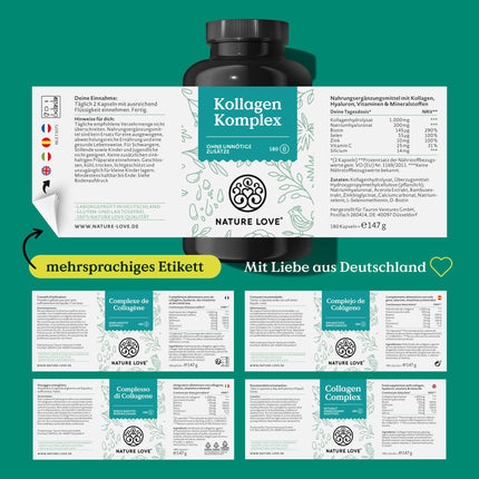 NATURE LOVE® kolagēna komplekss – 180 kapsulas – ar hialuronskābi, biotīnu, selēnu, cinku, C vitamīnu no acerolas un silīciju no bambusa ekstrakta – augstas devas kolagēns – laboratoriski pārbaudīts un ražots Vācijā