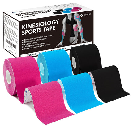 Ceeport kinezioloģiskais lente (5 cm x 5 m, 3 ruļļi) Elastīga kinezioloģiska muskuļu lente locītavu un muskuļu atbalstam, plecu, potīšu, elkoņu, plaukstas locītavu, ceļa sāpju mazināšanai (melna+rozā+zila)