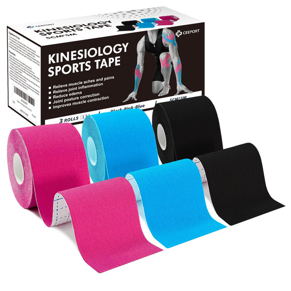 Ceeport kinezioloģiskais lente (5 cm x 5 m, 3 ruļļi) Elastīga kinezioloģiska muskuļu lente locītavu un muskuļu atbalstam, plecu, potīšu, elkoņu, plaukstas locītavu, ceļa sāpju mazināšanai (melna+rozā+zila)