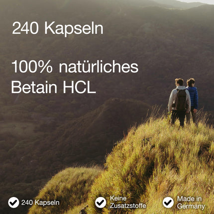 Betaīna hidrohlorīds 650 mg - 240 kapsulas - tabletes pret grēmām - augsta deva - ražots Vācijā un laboratorijā pārbaudīts - vegāns - betaīna hidrohlorīds