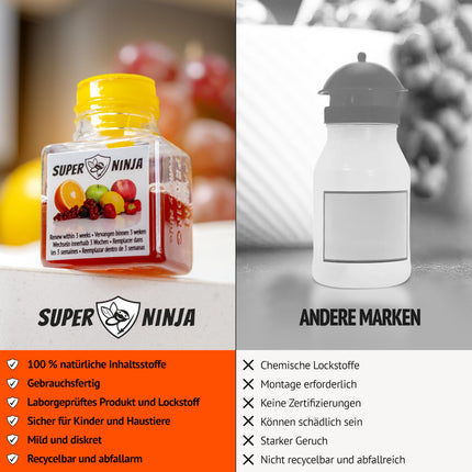 Super Ninja augļu mušu slazds iekštelpām – 4 iepakojums, efektīvs augļu mušu slazds mājām un virtuvei, līdz 3 nedēļām ilga darbība ar vienu pudeli, piemērots bērniem un mājdzīvniekiem