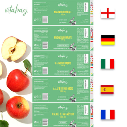Vitabay magnija malāts 1000 mg augsta deva - 180 tabletes vegāns un laboratoriski pārbaudīts - magnija augstas devas kapsulas - veicina normālu enerģijas metabolismu un normālu muskuļu darbību