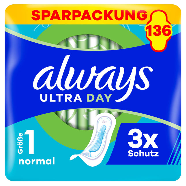 Always Ultra higiēniskās paketes sievietēm, 1. izmērs, normāla izmēra, 136 higiēniskās paketes bez spārniņiem (4 x 34 gab.), vairāku iepakojumu iepakojums, īpaši plānas un ļoti absorbējošas