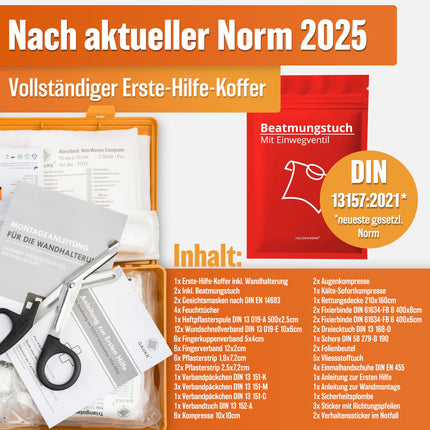 HELDENWERK Erste Hilfe Kasten nach neuer DIN 13157:2021 inkl. Wandhalterung & Aufklebern|Universal Erste Hilfe Koffer für Betrieb, Haushalt oder Gastronomie - Büro Verbandskasten gefüllt, Sanikasten