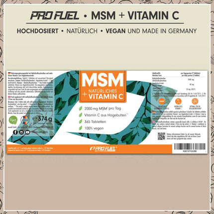 MSM 2000 mg dienā + dabīgs C vitamīns - 365 MSM tabletes ar metilsulfonilmetānu - kompaktāks MSM pulveris nekā MSM kapsulās - augsta deva ar 1000 mg uz MSM tableti - laboratoriski pārbaudīts ar sertifikātu