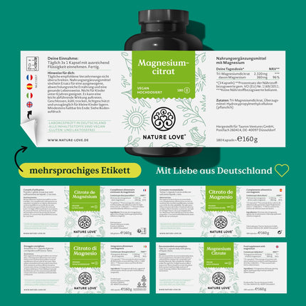 NATURE LOVE® Magnija citrāts – 2320 mg magnija citrāts (no kuriem 360 mg elementārā magnija) – 180 kapsulas – augsta deva, laboratoriski pārbaudīts, bez piedevām, vegāns un izstrādāts Vācijā