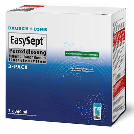 Bausch + Lomb EasySept peroksīda šķīdums mīksto kontaktlēcu tīrīšanai, bez konservantiem, ar trauku, 3 x 360 ml