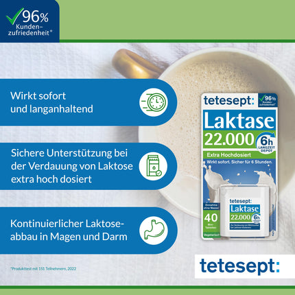 tetesept Lactase 22 000 – laktāzes tabletes laktozes nepanesības gadījumā – uztura bagātinātājs ar tūlītēju iedarbību un 6 stundu ilgstošu depo – 1 bundža ar 40 tabletēm