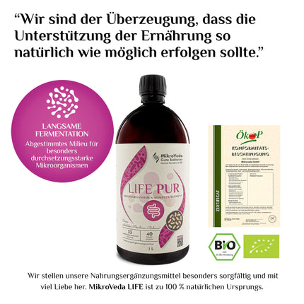 MikroVeda Life PUR 1l, bioloģiskais fermentu dzēriens, 33 baktēriju celmi, superaktivēts, ļoti pieejams šūnām, bioloģiski pieejams, vegāns, neapstrādāts, sertificēts ražotājs
