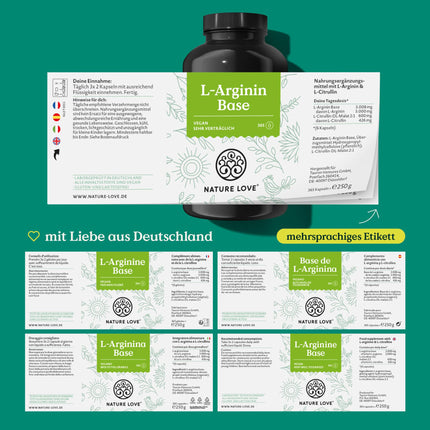 NATURE LOVE® L-arginīna bāze ar citrulīnu - 365 kapsulas - Augstas kvalitātes augu izcelsmes arginīns BĀZES formā ar 99,7+% tīrību - Augsta deva, vegāns, ražots Vācijā