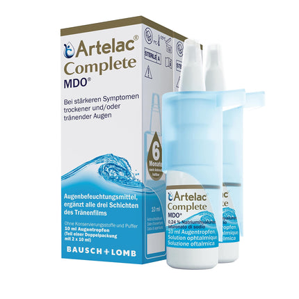 Artelac Complete MDO acu pilieni: acu pilienu šķīdums ar trīskāršu aktīvo vielu (lipīdi, hialuronskābe un karbomērs) sausām acīm, praktiska pudelīte ar pumpīti, 2 x 10 ml