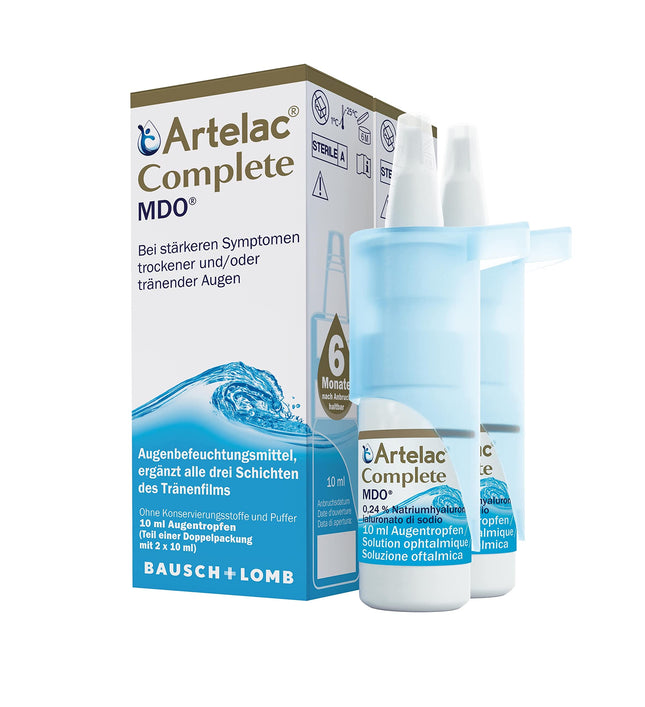 Artelac Complete MDO acu pilieni: acu pilienu šķīdums ar trīskāršu aktīvo vielu (lipīdi, hialuronskābe un karbomērs) sausām acīm, praktiska pudelīte ar pumpīti, 2 x 10 ml