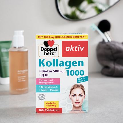 Doppelherz kolagēns 1000 + biotīns + Q10 - mangāns un varš veicina normālu saistaudu veidošanos - 100 tabletes
