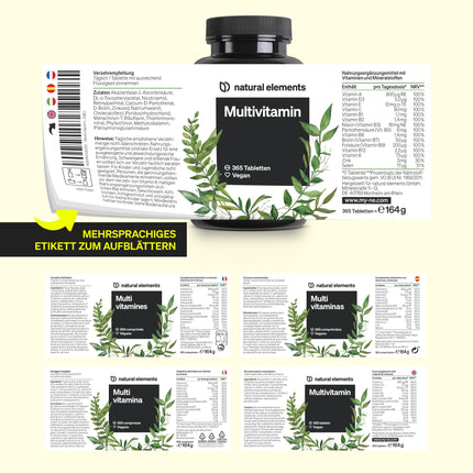 Multivitamīni – 365 vegānas tabletes – gada daudzums – vērtīgi vitamīni AZ, ar K1 un K2 vitamīnu – bez liekām piedevām – ražoti Vācijā un laboratoriski pārbaudīti