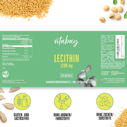 Vitabay Lecitīns 1200 mg | 120 vegānas sojas lecitīna mīkstās želejas | Sojas lecitīns ar fosfatidilholīnu | Pilnībā bioloģisks un bez ĢMO | Vitamīni zīdīšanas laikā ar E vitamīnu | L. Pulvera alternatīva