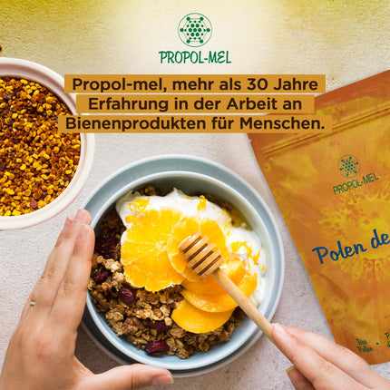 Propol-mel - ziedu putekšņi (ES) 1 kg – 100% dabīgs produkts. Tīri dabīgi bišu ziedputekšņi. Olbaltumvielu, kā arī aminoskābju, lipīdu, vitamīnu un minerālvielu avots.