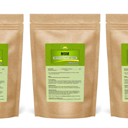 Bonemis® Premium MSM pulveris, 3 kg (3 maisi pa 1 kg katrā), 99,95% tīrība, 60–80 mesh, bez silīcija dioksīda, bez DMSO atlikumiem