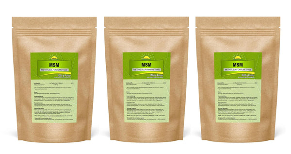 Bonemis® Premium MSM pulveris, 3 kg (3 maisi pa 1 kg katrā), 99,95% tīrība, 60–80 mesh, bez silīcija dioksīda, bez DMSO atlikumiem