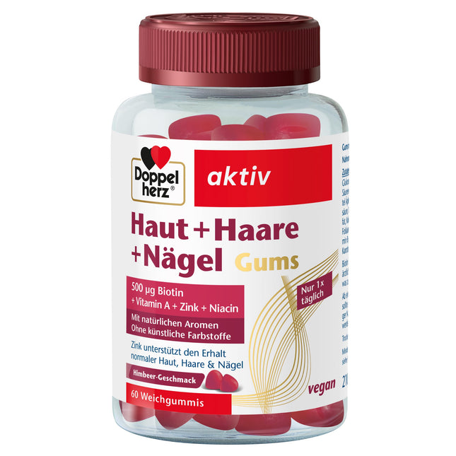 Doppelherz Skin + Hair + Nails Gums - ar vitamīniem un minerālvielām - cinks veicina normālas ādas, matu un nagu uzturēšanu - vegāns - apm. 60 mīkstas želejkonfektes