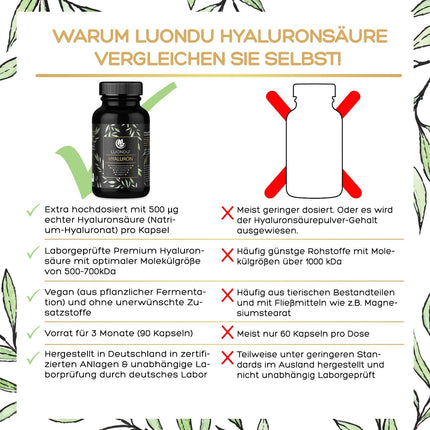Hialuronskābes kapsulas ar augstu devu 500 mg 90 gab. (3 mēneši) Hialuronskābe ar C vitamīnu, cinku, selēnu, B2 vitamīnu - laboratoriski pārbaudītas, vegānas, ražotas Vācijā