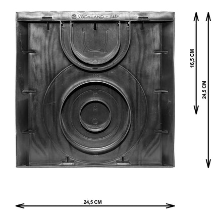 ScarMaxx - Pagalma noteka 250x250 mm - Grīdas noteka ar netīrumu savācēju, ar savienojumu dažāda izmēra KG caurulēm - Plastmasas grīdas noteka - Cinkots režģis
