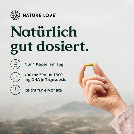 Nature Love Premium Omega 3 JAUNUMS - 120 kapsulas - 1000 mg zivju eļļas vienā kapsulā ar 80% Omega 3 saturu (EPA un DHA) - Augsta deva un augsta biopieejamība, pateicoties triglicerīdu formai - no ilgtspējīgas zvejas