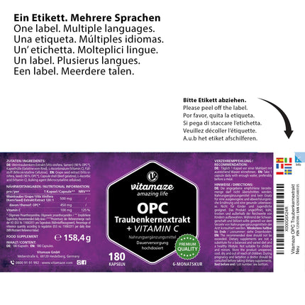 OPC vīnogu kauliņu ekstrakta kapsulas, sertificētas, augsta deva: 450 mg tīra OPC, 180 kapsulas 6 mēnešiem, dabīgs uztura bagātinātājs bez piedevām, ražots Vācijā