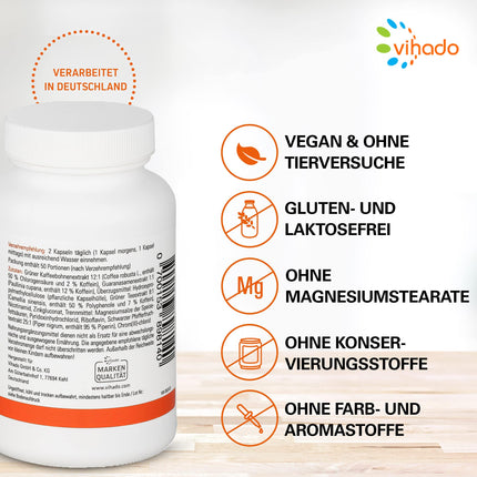 Vihado F-BDY 2.0 – kapsulas normālai vielmaiņai ar augu vielām un vitamīniem – stimulējošs ar zaļās kafijas ekstraktu – normāla ogļhidrātu un taukskābju vielmaiņa ar cinku