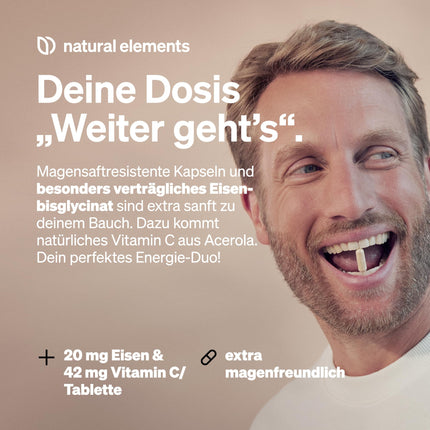 Dzelzs 20 mg (no dzelzs bisglicināta) vienā kapsulā – ar 42 mg dabīgā C vitamīna – vegāns, bez garšas – 180 kuņģa sulu izturīgas kapsulas – Augstākās kvalitātes izejviela: Ferrochel™ (dzelzs helāts)