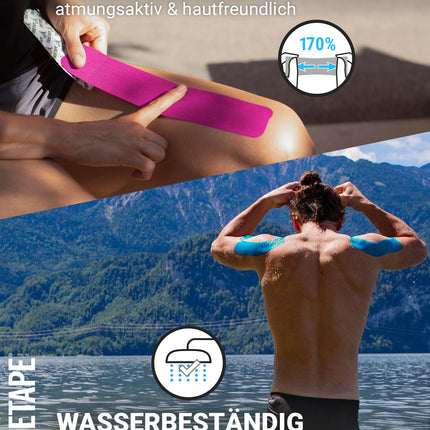 TRUETAPE® Kinesiotape – BASIC Negriezta Duo – 2 ruļļi (5 m x 5 cm) negriezti – Ūdensizturīga un elastīga kinezioloģiska lente – Fizioteips ar spēcīgu līmi ikdienas lietošanai un sportam – Zila un rozā
