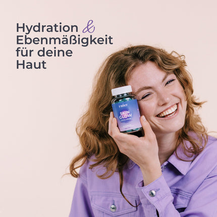 Yuicy Skin Glow - hialuronskābes želejkonfektes – bezcukura, augstas devas ādas vitamīni tīrai un skaistai ādai. Ar biotīnu, cinku un 6 citām uzturvielām. Vegāns un ražots Vācijā. 60 želejkonfektes.