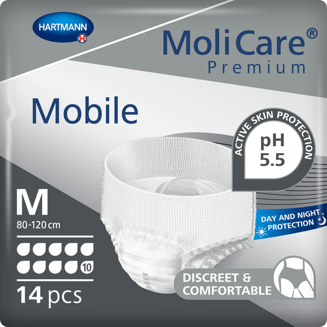MoliCare Premium mobilās vienreizējās lietošanas biksītes: diskrēta lietošana urīna nesaturēšanas gadījumā sievietēm un vīriešiem; 10 pilieni, M izmērs (80–120 cm gurnu apkārtmērs), 14 gabali