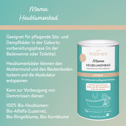 MABYEN Hayflower Sitz Bath 50g | Grūtniecība — vannas piedeva Grūtniecība — dabiska dzemdību sagatavošana kā tvaika vanna vai sēžamā vanna — atslābina iegurņa pamatnes muskuļus un samazina starpenes plīsumu risku