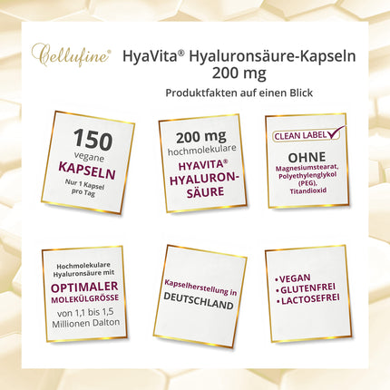 Cellufine® HyaVita hialuronskābe 150 kapsulas – augstas devas, augstas molekulmasas, bezglutēna, vegānas – 150 bezglutēna kapsulas ar HyaVita hialuronskābi | dabīgs un bez konservantiem