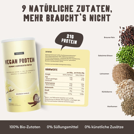 VETAIN vegānu proteīna pulveris ar vaniļas garšu - 21 g proteīna vienā porcijā - bioloģisks vegānu proteīna pulveris, kas pagatavots no zirņu, rīsu, linsēklu, ķirbju sēklu un kaņepju sēklu proteīna - bez alergēniem un pievienota cukura - 600 g