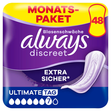 Always Discreet urīna nesaturēšanas ieliktņi, Ultimate Day mēneša iepakojums urīnpūšļa vājuma gadījumā, 48 ieliktņi (4 iepakojumi x 12)