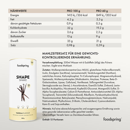 Foodspring Shape Shake, 10 iepakojumi, 10 x 60 g, maltītes aizstājējs svara zaudēšanai*, augsts olbaltumvielu saturs, 24 vitamīni un minerālvielas