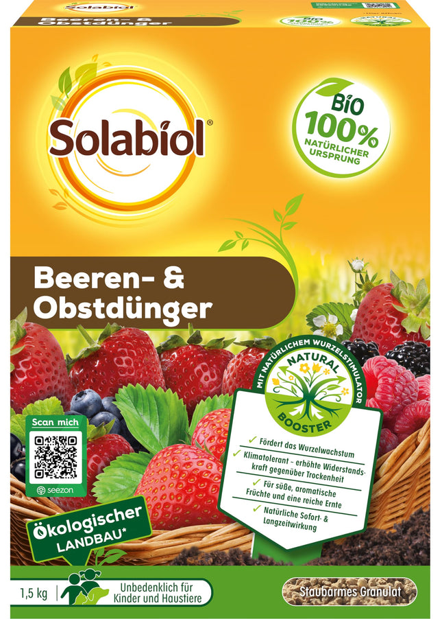Solabiol ogu un augļu mēslojums, īpašs mēslojums ar tūlītēju un ilgtermiņa iedarbību visiem ogulājiem, sēkleņiem un kauleņaugiem 1,5 kg