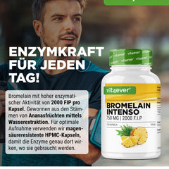 Bromelain Intenso - 750 mg (2000 FIP) - 120 kuņģa sulu izturīgas kapsulas - dabīgs ananāsu ekstrakts - laboratorijā pārbaudīts - vegāns - augsta deva