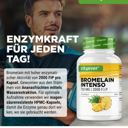 Bromelain Intenso - 750 mg (2000 FIP) - 120 kuņģa sulu izturīgas kapsulas - dabīgs ananāsu ekstrakts - laboratorijā pārbaudīts - vegāns - augsta deva