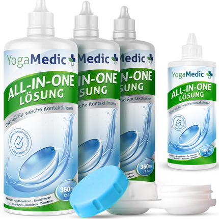 YogaMedic kontaktlēcu šķīdums — lēcu šķīdums mīkstajām lēcām, 3 x 360 ml, 1 x 100 ml un 3 kontaktlēcu futrāļi, kontaktlēcu šķīdums, universāls kombinēts šķīdums mīkstajām kontaktlēcām