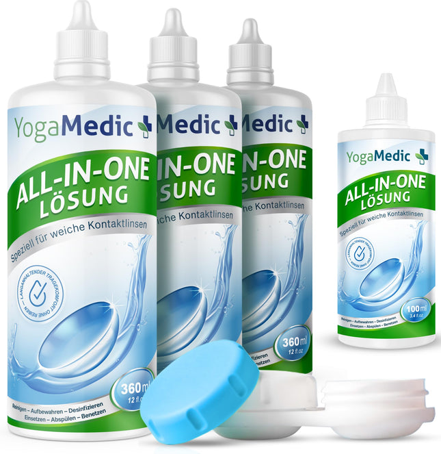 YogaMedic kontaktlēcu šķīdums — lēcu šķīdums mīkstajām lēcām, 3 x 360 ml, 1 x 100 ml un 3 kontaktlēcu futrāļi, kontaktlēcu šķīdums, universāls kombinēts šķīdums mīkstajām kontaktlēcām
