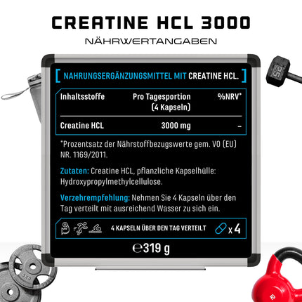 Kreatīna HCL - 365 kapsulas - augsta deva ar 3000 mg - tīrs kreatīna hidrohlorīds - augsta absorbcija - augsta biopieejamība - vegāns