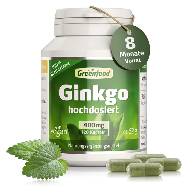 Ginkgo Biloba, augsta deva, 400 mg - 120 kapsulas, vegāns. Tīrs lapu ekstrakts ar B5 vitamīnu – atbalsta kognitīvās funkcijas. BEZ mākslīgām piedevām, laboratoriski pārbaudīts. No Greenfood.