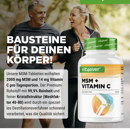 MSM 2000 mg - 365 tabletes - Ar dabīgu C vitamīnu no acerolas - Bez piedevām - 6 mēnešu krājumi - Augsta deva - Laboratorijā pārbaudīts - Vegāns